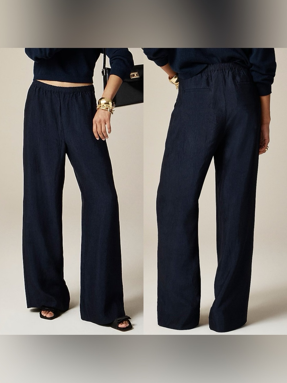 J. Crew Navy Elastic-Waist Wide Leg Pants
